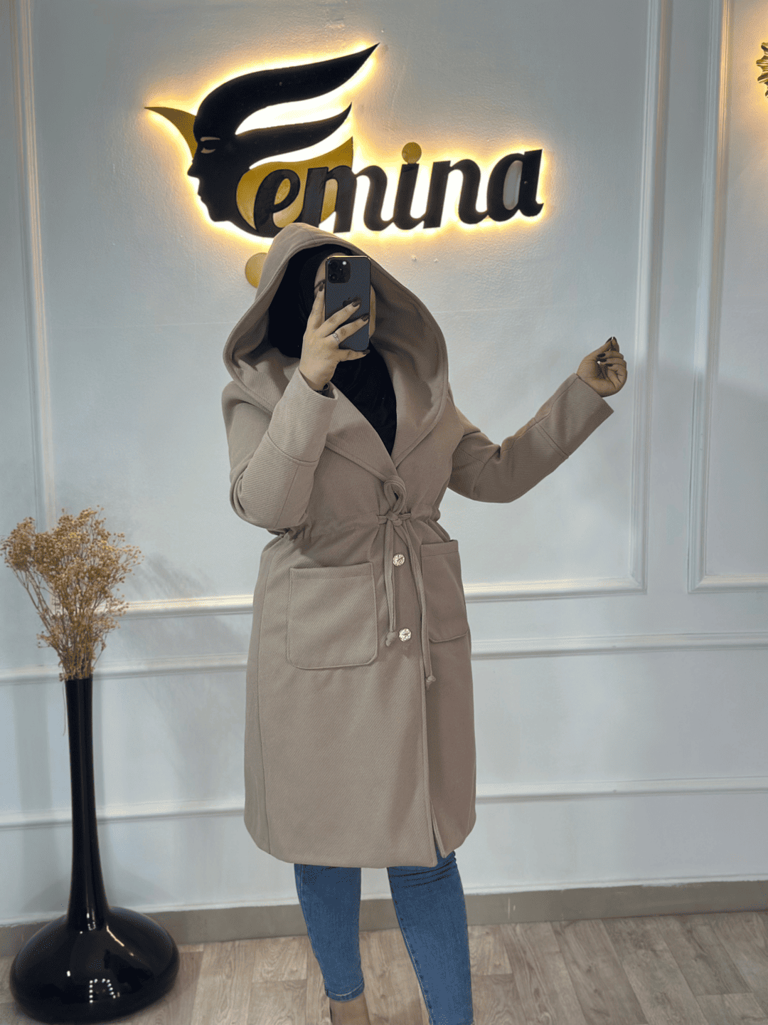 Manteau cachemire à rayures avec capuche